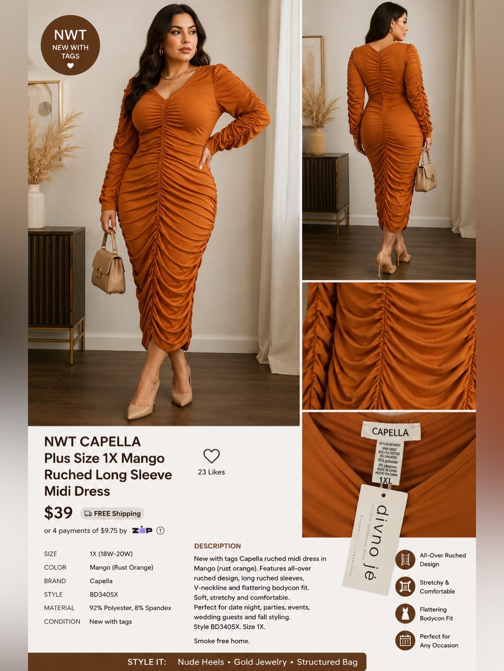 NWT Capella Plus Size 1X Mango Ruched Long Sleeve Midi Bodycon Dress